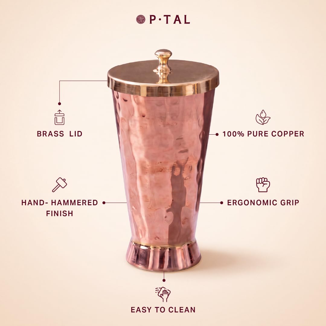 P-TAL Tumbler with Lid Serving Copper Glass with Brass Lid Tamba Glass with Ayurvedic Health Benefits Ptal Brass and Copper Utensils (600 ml Tumbler Glass)