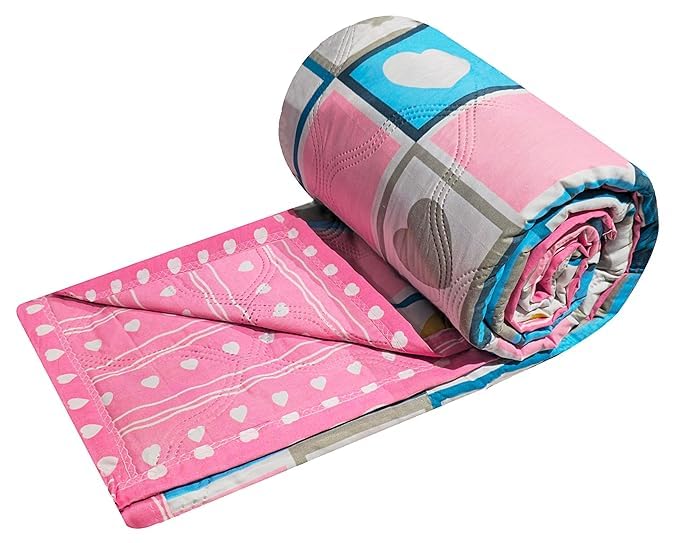 Summer Blanket 100% Cotton Reversible Ac Comforter and Cooling | Classic Printed Design | Quilt | Dohar Single/Double Bed Quilt Ideal for Gifting (Heart Floral Design, Single BE) Kafalo