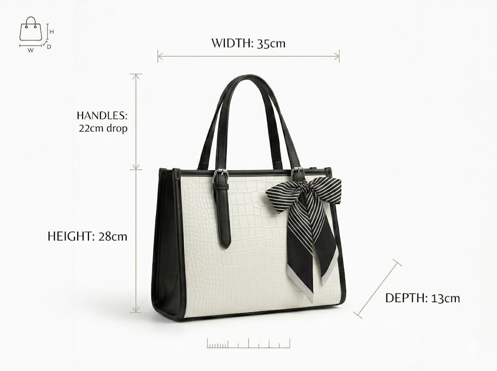 Pavilonn Women Handbag PU Leather Tote Purse Stylish Shoulder Office Bag Black Structured Croco Pattern Ladies Fashion Shopping Handbag Daily Use College Gift (BLACK AND WHITE)