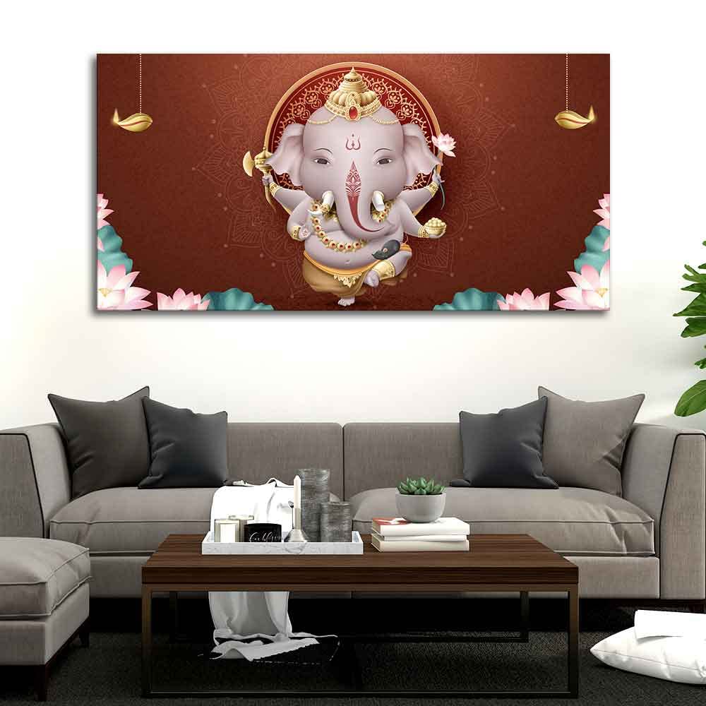 VIBECRAFTS Canvas Paintings for Living Room Drawing Room Devotional Ganesha Canvas Wall Painting for Home|Office|Gift(PTVCH_2372)