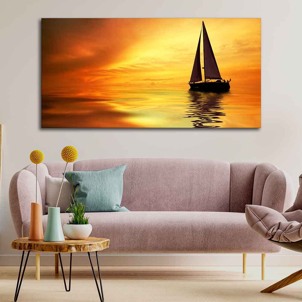 VIBECRAFTS Canvas Paintings for Living Room Drawing Room Sailing In Sunset Canvas Wall Painting Fitted With Wooden Frame for Home | Office | Gift (PTVCH_2331)