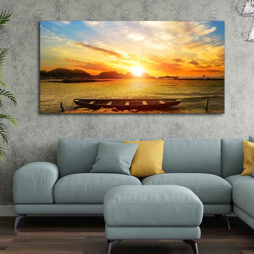 VIBECRAFTS Canvas Paintings for Living Room Drawing Room Beautiful Canvas Wall Painting of Boat on Beach & Sunset for Home|Office|Gift(PTVCH_2387N)