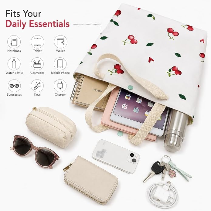 Cherry Print Canvas Tote Bag for Women, Cute Cotton Shoulder Handbag with Magnetic Button Closure, Reusable Shopping Bag for College, Office, Travel & Daily Use (31 x 25 cm, White)
