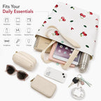 Cherry Print Canvas Tote Bag for Women, Cute Cotton Shoulder Handbag with Magnetic Button Closure, Reusable Shopping Bag for College, Office, Travel & Daily Use (31 x 25 cm, White)