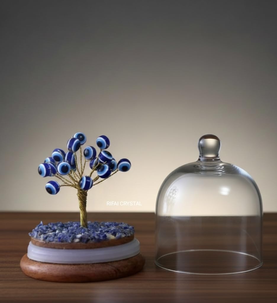 Rifai Crystal Evil Eye Glass Dome Tree | Handmade Crystal Bonsai Tree with Wooden Base | Decorative Tabletop Home Decor for Living Room Office Shelf