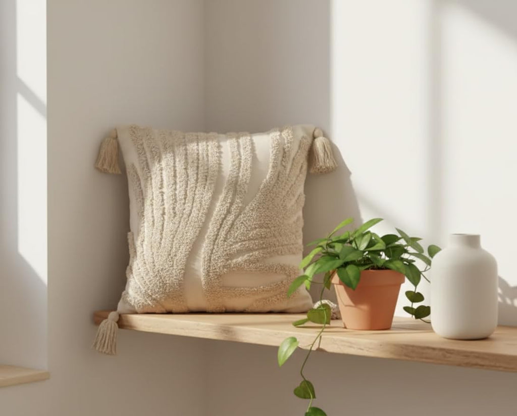 Furnistitchs Handmade Tufted Boho Cushion Covers 12x12 Inches | Embroidered Sofa Pillow Cases | Rustic Bohemian Decorative Throw Cushions for Couch Bedroom Living Room (5, Cream Waves)