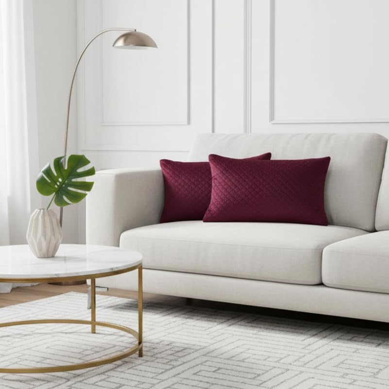STITCHNEST Quilted Velvet Cushion Covers Set of 2 | Soft Maroon | 12x18 Inches | Premium Sofa & Living Room Décor