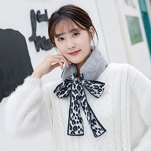 THE DDS STORE Winter Women Faux Fur Collar Leopard Print Scarves Plush Wrap Korea Bow Tie Neck Warmer Formal Party Shawl (Grey)