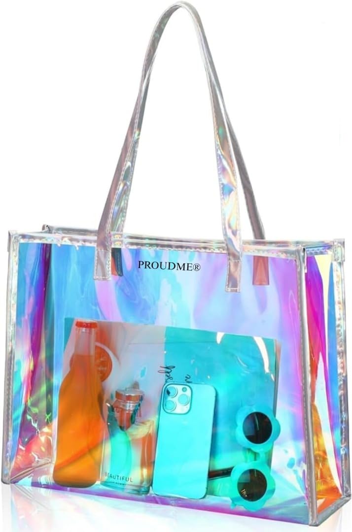 PROUDME Holographic Transparent Women's Tote Bag Iridescent Rainbow Shine, Durable PVC Material, Stylish Clear Handbag for Everyday Use, College, Beach, or Travel