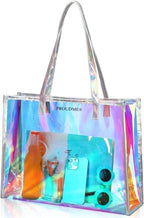 PROUDME Holographic Transparent Women's Tote Bag Iridescent Rainbow Shine, Durable PVC Material, Stylish Clear Handbag for Everyday Use, College, Beach, or Travel