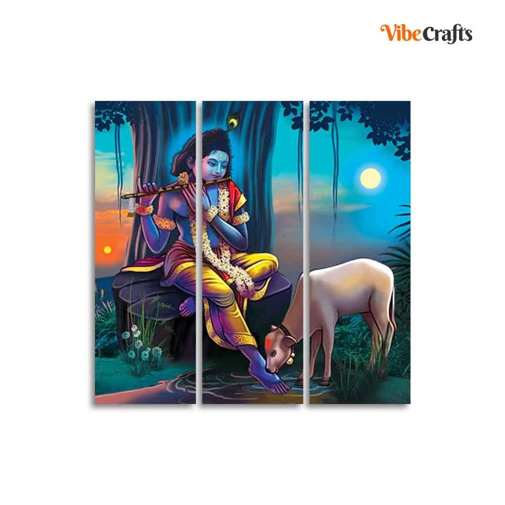 VIBECRAFTS 3 Pieces Shri Krishna Canvas Wall Painting Fitted With Wooden Frame For Home | Office | Living Room | Gifts (PTVC3Pcs1_9512)
