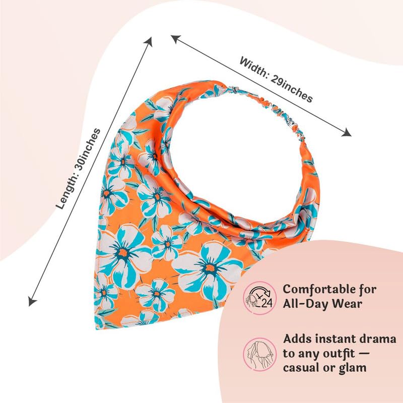 Hair Drama Co. Floral Blossom Print Elastic Bandana Head Scarf for Women | Silk Satin Boho Style Statement Head Wrap Bandana Scarves | All Day Wear Scarves | Hair Scarf Accessories