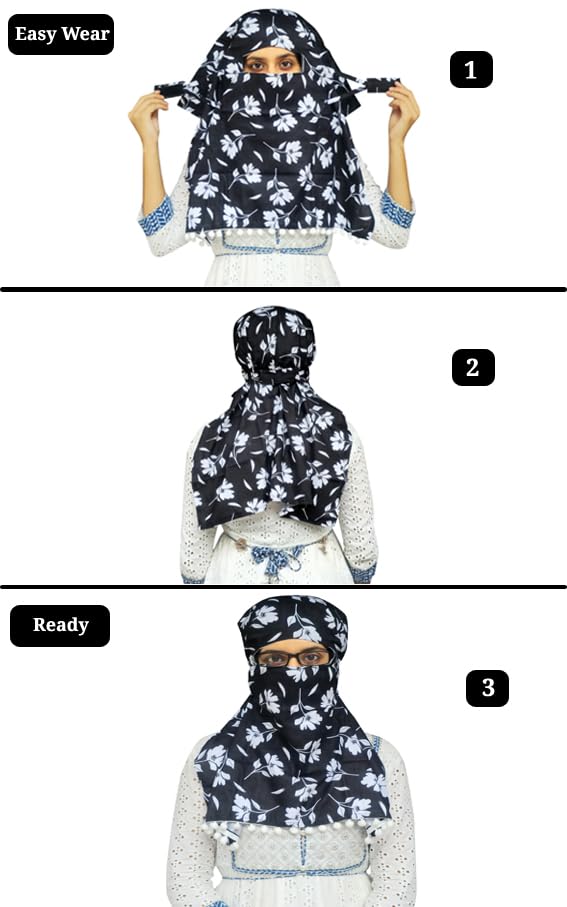 Switchon Scarf Hijab Rayon Printed fancy scarf for women Size Adjustable -Hook loop tape- For 10 yrs and above (Black_Multi1)
