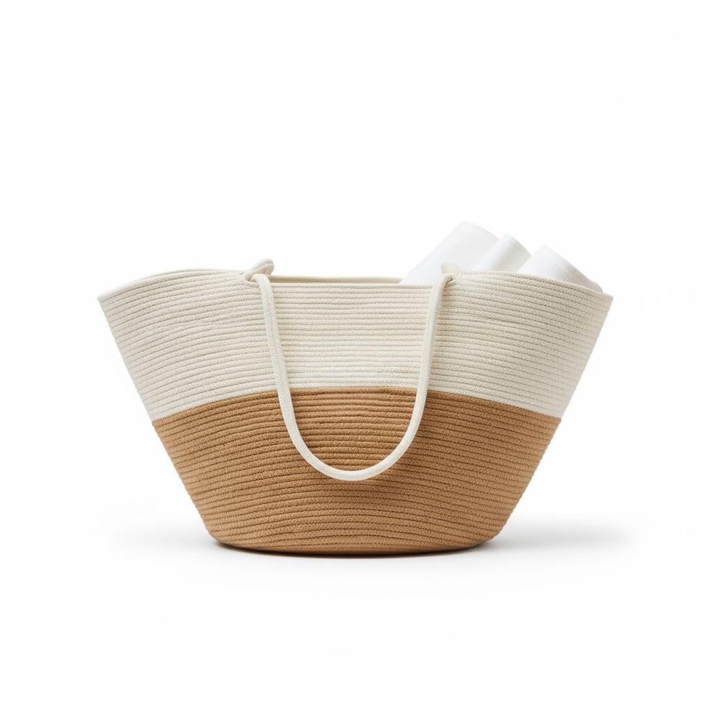 DYARCHY Large Rope Tote Bag for Women with Zipper | Spacious Handbag for Beach, Travel, Shopping & Office | Premium Cotton Rope Shoulder Bag with Long Handles (BEIGE WHITE)