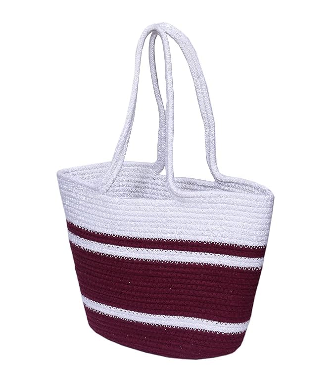 BEAUTIFUL HOMMIES Attractive Hand Bag |large Tote Bag |Summer Bag | Bucket Bag | Basket Bag | Bamboo Tote | Beach Bags for Women|Boho Bag|Handbag |Jute Bag |Handmade Bag (WHITE MAROON)