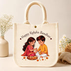 KEROWAL Eco-Friendly Cotton Canvas Raksha Bandhan Gift Bag with Soft Rope Handles & Snap Button - Reusable Printed Tote Bag for Brother Sister Rakhi Gift Packaging & Hampers