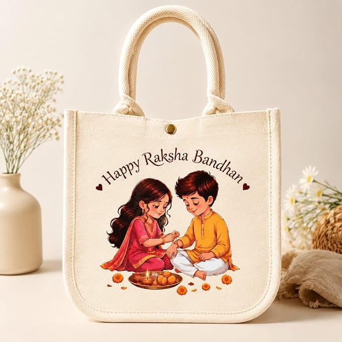 KEROWAL Eco-Friendly Cotton Canvas Raksha Bandhan Gift Bag with Soft Rope Handles & Snap Button - Reusable Printed Tote Bag for Brother Sister Rakhi Gift Packaging & Hampers