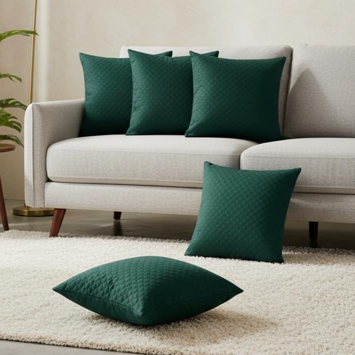 STITCHNEST Quilted Velvet Cushion Covers Set of 5 | Soft Green | 18x18 Inches | Premium Sofa & Living Room Décor