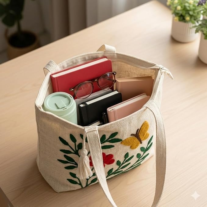 Embroidered Canvas Tote Bag, Cream, Floral Butterfly Design, Zipper Closure with Tassel