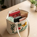 Embroidered Canvas Tote Bag, Cream, Floral Butterfly Design, Zipper Closure with Tassel