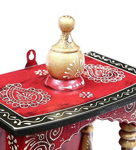 CRAFT TREE Wooden Pooja Mandir Without Door | Solid Wooden Pooja Mandir For Puja Room (Red), 9 Inch, 16 Inch