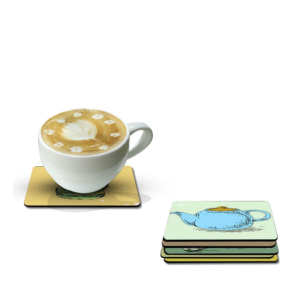 Artvibes Printed MDF Wooden Coasters for Home and Kitchen | Dining Table Decor | Square Coasters | Kitchen Decorative Items | Table Decoration | Home Decor (Set of 6 | 4x4 Inch)(Tea Coffee) TC_2006