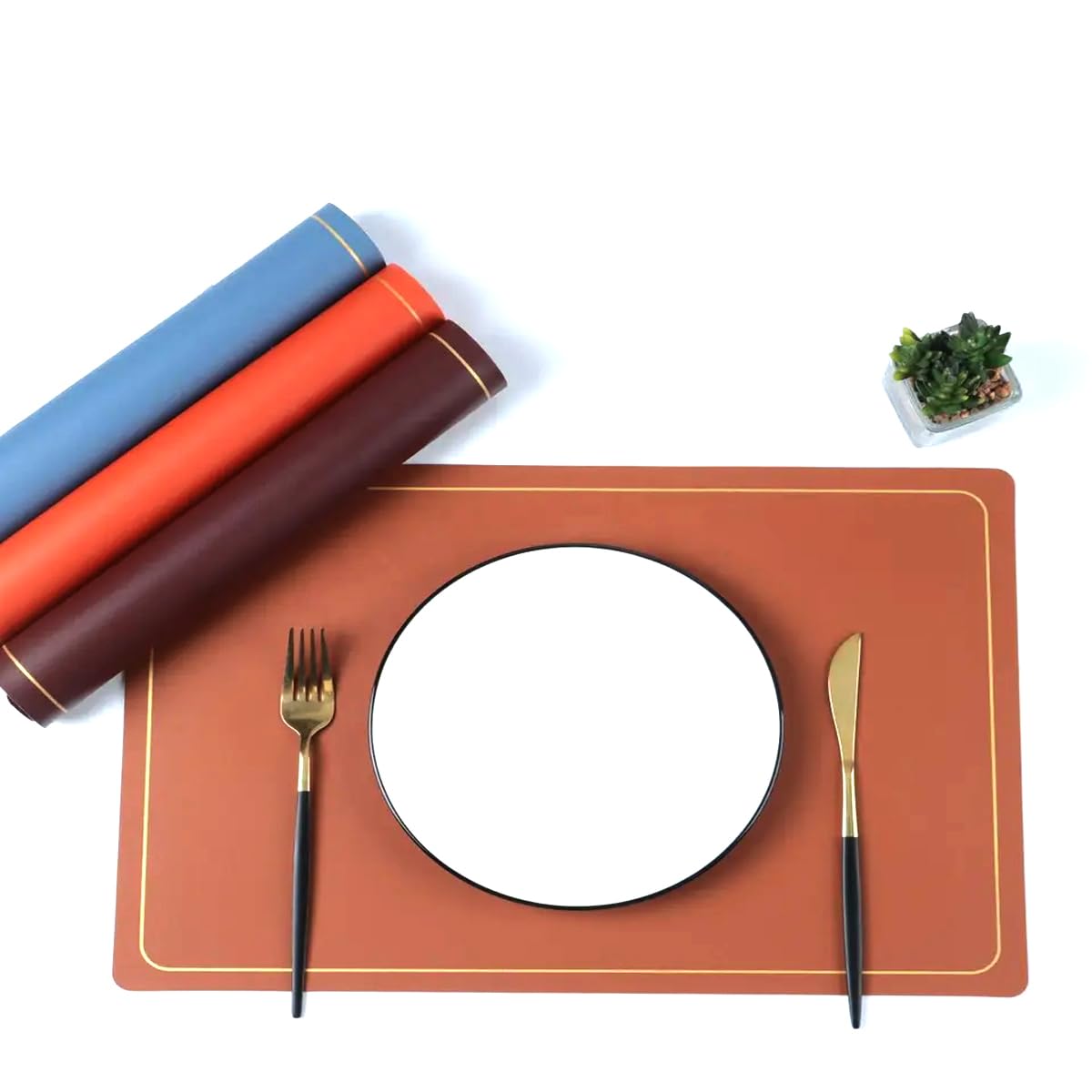 Maharsh Pu Leather Dining Table Mat Waterproof Heat Insulation Placements (Orange, 2) Kafalo