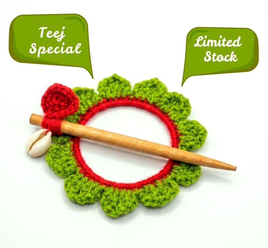 Handmade Crochet Flower Hair Bun Holder with Wooden Stick Pin, Green Floral Hair Accessory