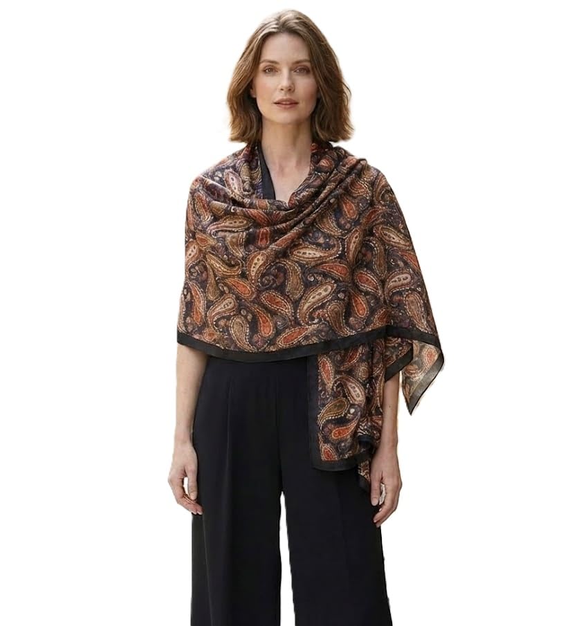 Alexvyan Satin Silk Summer Scarves 180 x 84 cm, Brown Paisley Theme with Stitched Border, Lightweight Fashion Scarf for Women Sun Protection Stole