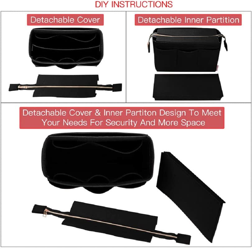 SYUTAM Felt Purse Organizer Insert for Ladies Handbag, Tote, Shoulder Hobo Bag Storag, Storage Compartment with Detachable Zipper Cover-Black(11.4x5.9x7.1) inch(Large)