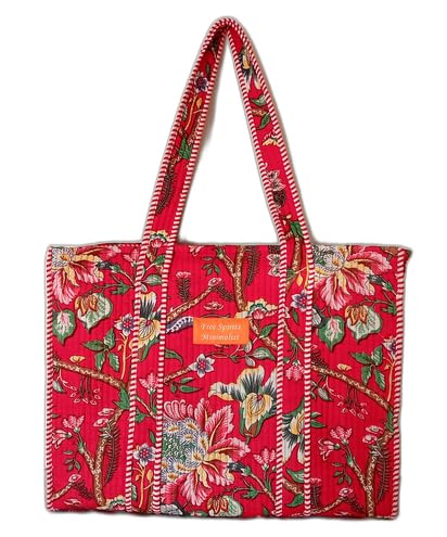 Cotton Tote bag for Women | Shoulder Bag | Reversible Bag | Durable Shopping bag | Reusable Grocery Bags | Eco friendly Bags| Handmade Cotton Bag | Stylish Quilted handBag (Red and Yellow))