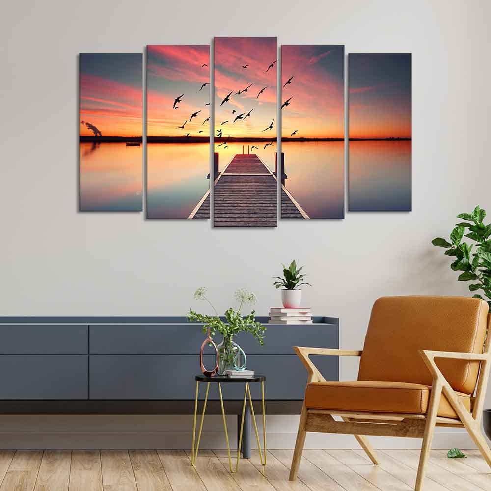 VIBECRAFTS Romantic Wooden Jetty in Sunset Canvas wall Painting of Five Pieces For Home|Office|Living Room|Gift (PTVC5Pcs2_6526)