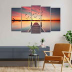VIBECRAFTS Romantic Wooden Jetty in Sunset Canvas wall Painting of Five Pieces For Home|Office|Living Room|Gift (PTVC5Pcs2_6526)