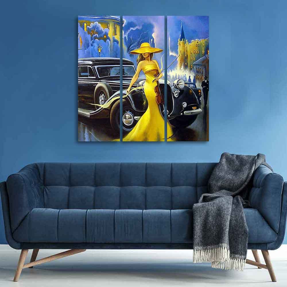 VIBECRAFTS 3 Pieces Beautiful Women With Car Canvas Wall Painting Fitted With Wooden Frame For Home | Office | Living Room | Gifts (PTVC3Pcs1_9502)