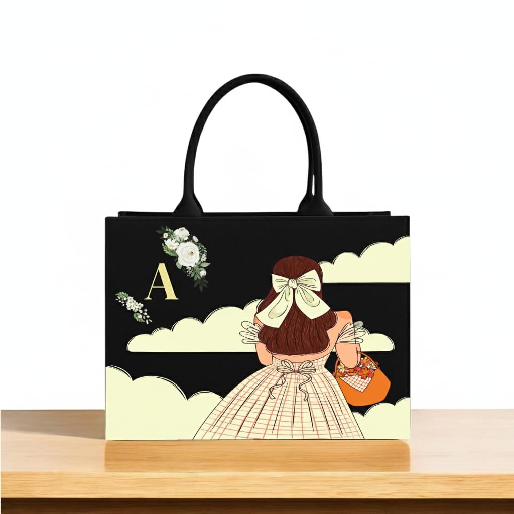 SHOP SIDES Personalized Fashion Girl Tote Bag for Women | Custom Name Canvas Handbag with Stylish Back-View Girl Art | Trendy Printed Black Tote | Eco Friendly Shopping College Bag_10×12 & 12×16 inch