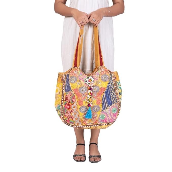 PREET GALLERY Handmade Cotton Patchwork Tote Bag, Sunshine Yellow