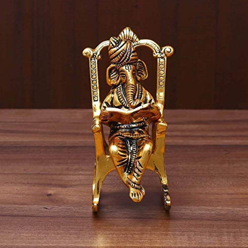 Prince Home Decor & Gifts Brass 3D Moving Lord Ganesha Statue – Intricately Crafted Idol of Ganpati Sitting on Chair Reading Ramayan – Unique Spiritual Showpiece for Home
