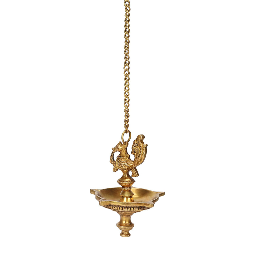 Artvarko Brass Traditional Peacock 5 Wick Peacock Bird Design Diya with Hanging Chain Length 16 Inch