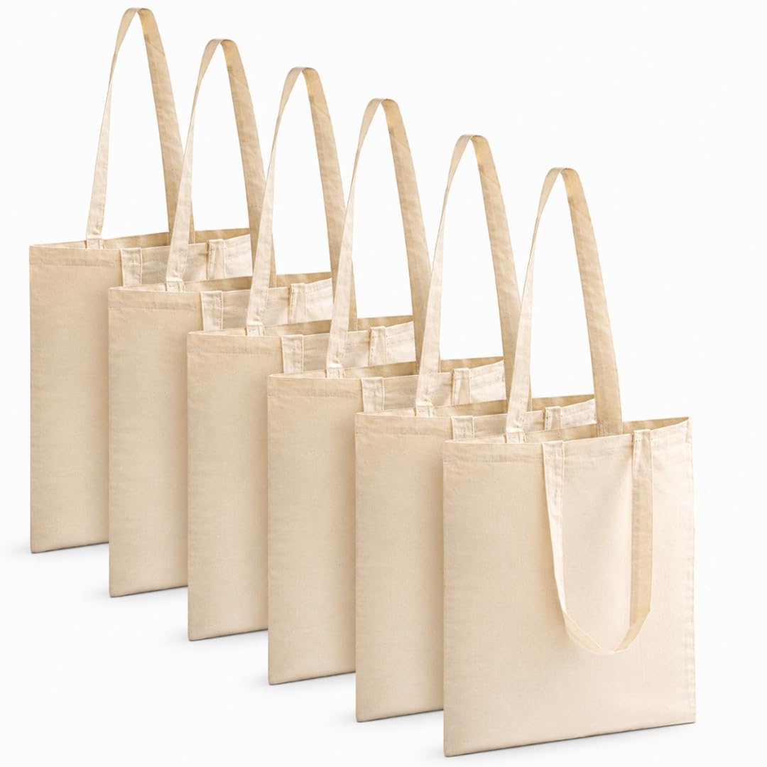 100% Natural Cotton Tote Bag (14x16 Inch, Pack of 6) | Eco-Friendly Reusable Canvas Grocery Shopping Bag | Washable Heavy-Duty Cloth Shoulder Jhola Bag for Women & Men