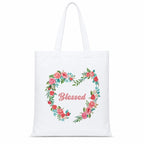 Adorvue Premium Reusable Floral Wreath Blessed Tote Bag Stylish Eco-Friendly Cotton Handbags, Canvas Bags for College, Shopping, Office, Travel, Grocery Runs, Beach Day and Casual Outing Pack of 2