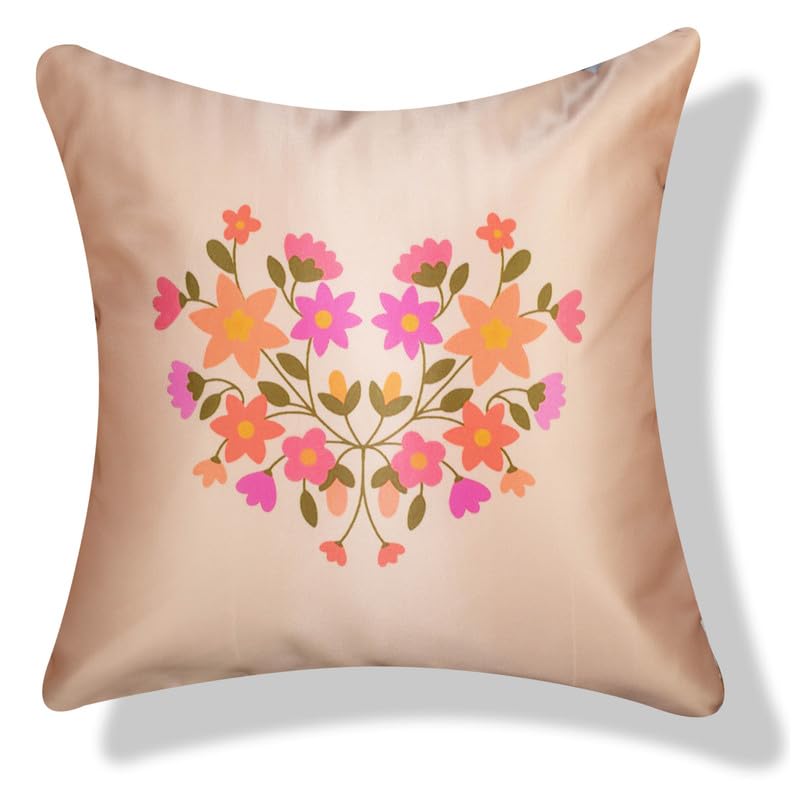 Vendola Decorative Satin Sofa Cushion Covers Set of 5, 16 inch x 16 inch, Sofa Cushion Pillow Cover, Pink, Beige and Red Colour, Floral Design, Zipper Closure (Flos, 16X16 Inches)
