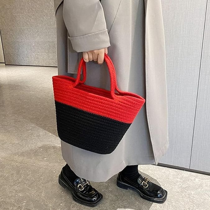 BEAUTIFUL HOMMIES Attractive Hand Bag |large Tote Bag |Summer Bag | Bucket Bag | Basket Bag | Bamboo Tote | Beach Bags for Women|Boho Bag|Handbag |Jute Bag |Handmade Bag (RED BLACK STYLISH)