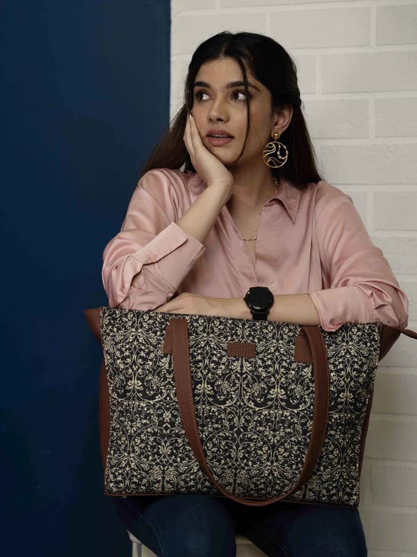 ZOUK Lattice Lace Mesh Printed Jute Handcrafted Vegan Leather Women's Black Structured Tote Bag Contemporary