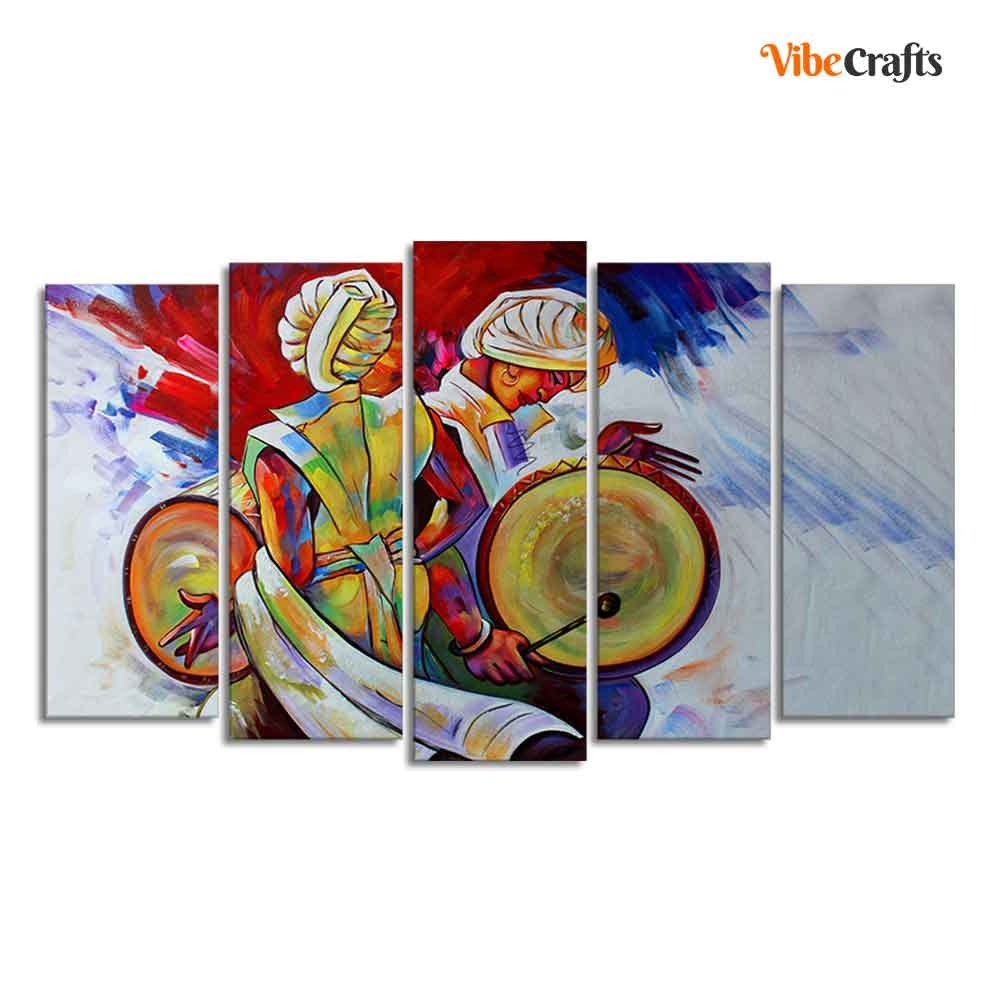 VIBECRAFTS Abstract Art Folk Dance Wall Painting of Five Pieces Set For Home|Office|Living Room|Gift (PTVC5Pcs2_6583)