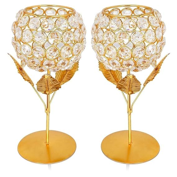 Larko India Gold Plated Crystal Candle Holder Tea Light Stand Votive | Decorative Tealight Holders for Home Office Living Room Indoor Garden Dining Centerpiece Decoration (Pack of 2)