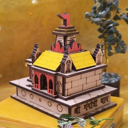 Chardham Wooden Gangotri Temple Showpiece, Multicolour 3D Temple Model for Home, Office, Car Dashboard, Spiritual Pooja Decor