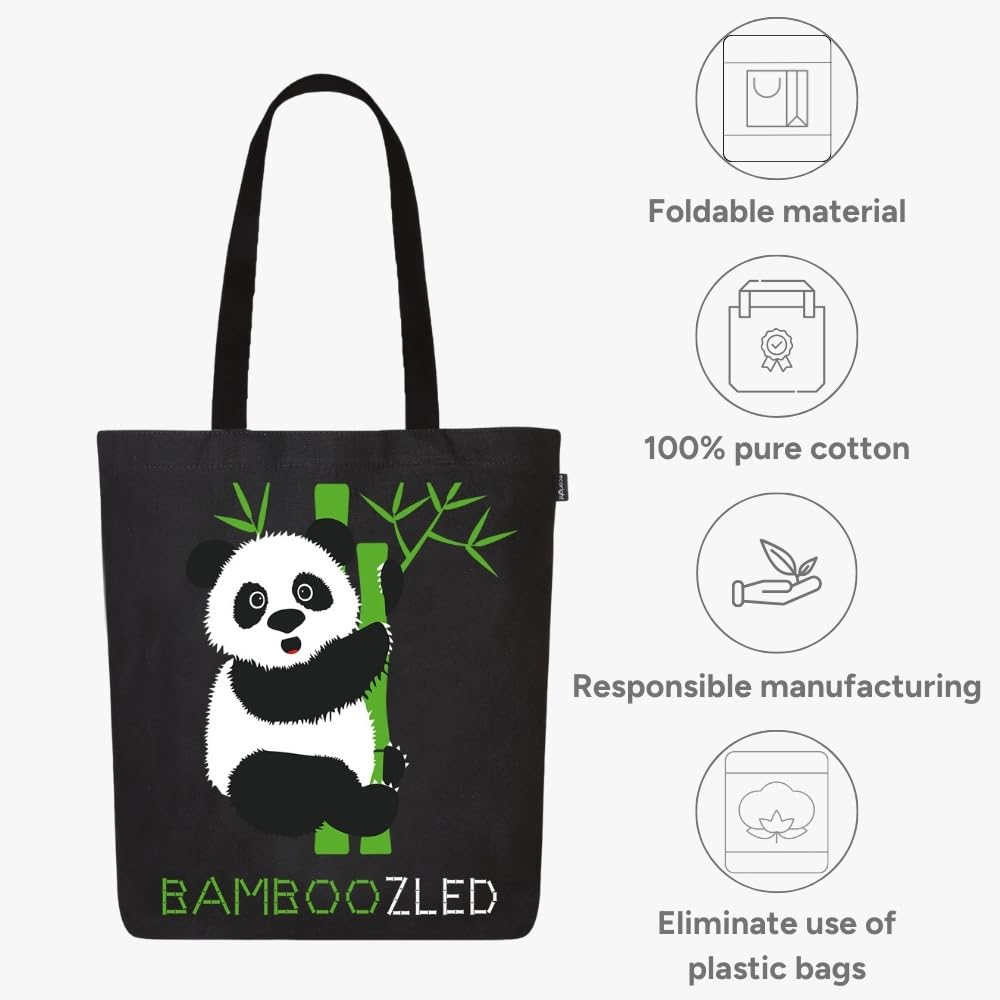 Eco Right Canvas Tote Bags for Women with Zip, College Bag for Girls, 100% Organic Cotton Tote Bag for Shopping, Travel & beach bags for women (Bamboozled Panda)