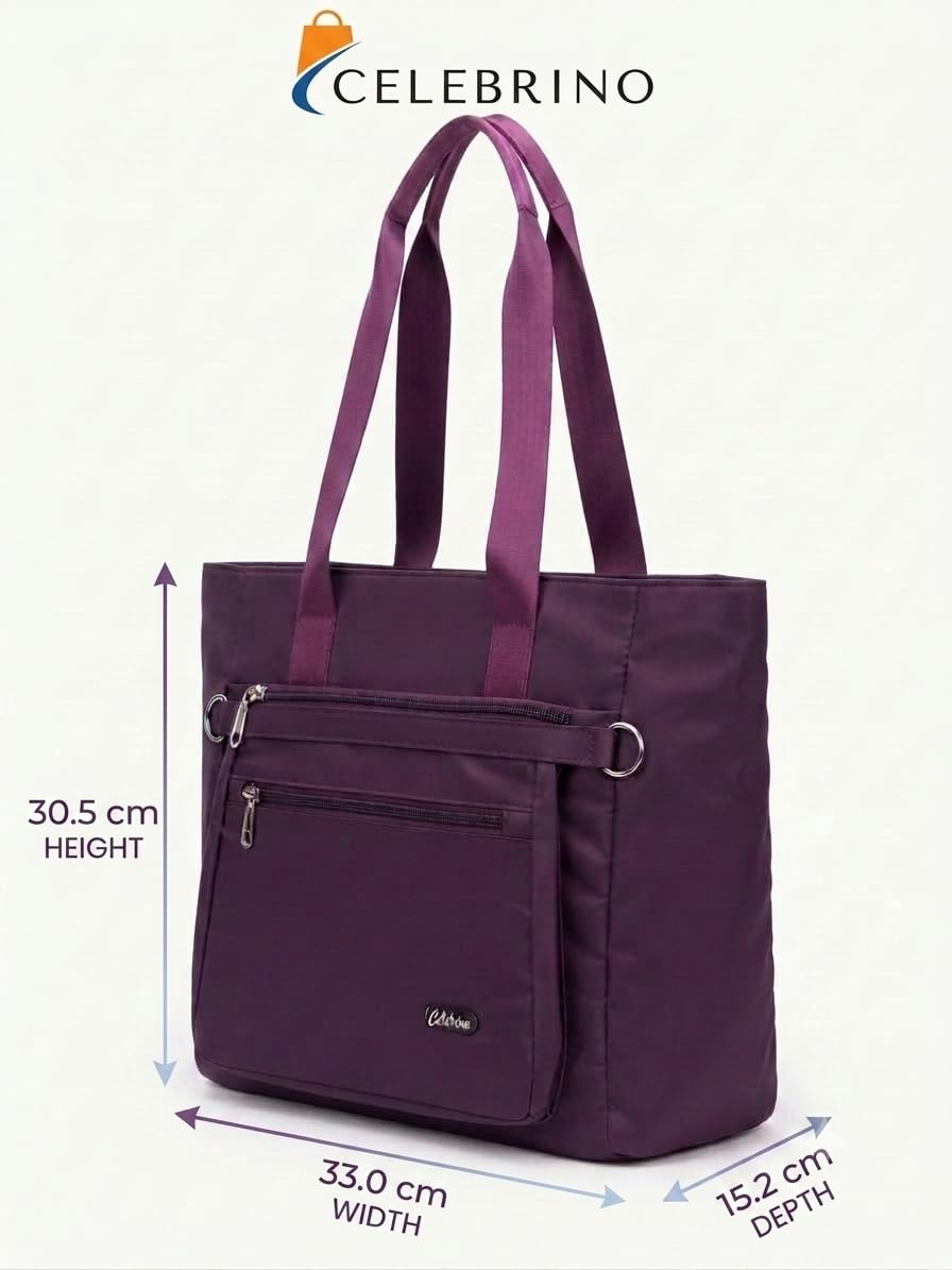 CELEBRINO Spacious Tote Handbag for Women | Nylon Hand Bags with Multiple Zip Compartments | Waterproof Large Shoulder Bag for Office, College, Travel & Shopping | Multi Pocket Zipper Handbags