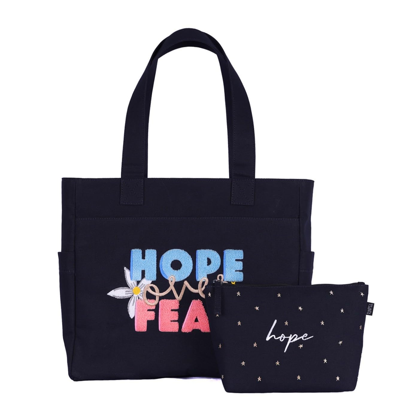 TSANTA U-Shaped Canvas Tote Bag with Pouch Combo (Large, Hope Design) | Cotton Shoulder Bag with Zipper, Laptop Compartment & Organizer Pockets | Reusable Travel, Office & Everyday Bag for Women