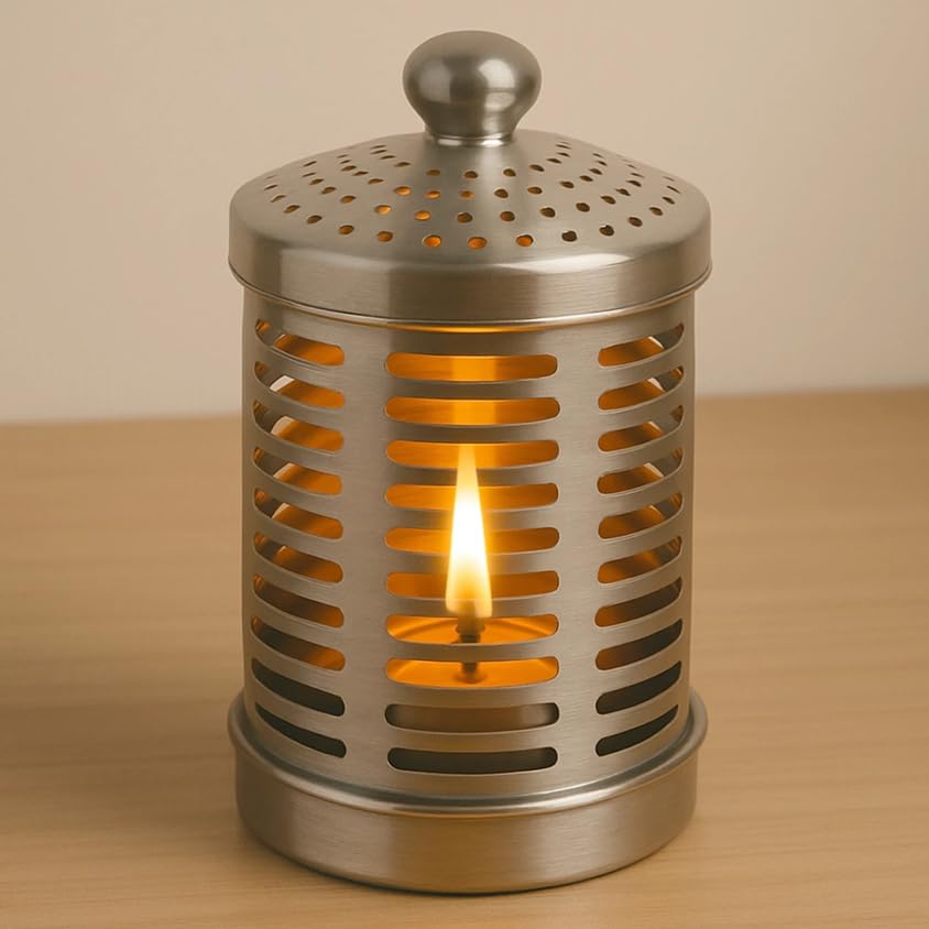 SHRUSTI 5.5 Inch Stainless Steel Candle Lantern with Ventilated Lid | Decorative Metal Tealight Holder with Flame Guard | Tabletop Diya Cover for Home Decor, Pooja, Balcony & Indoor Outdoor Use